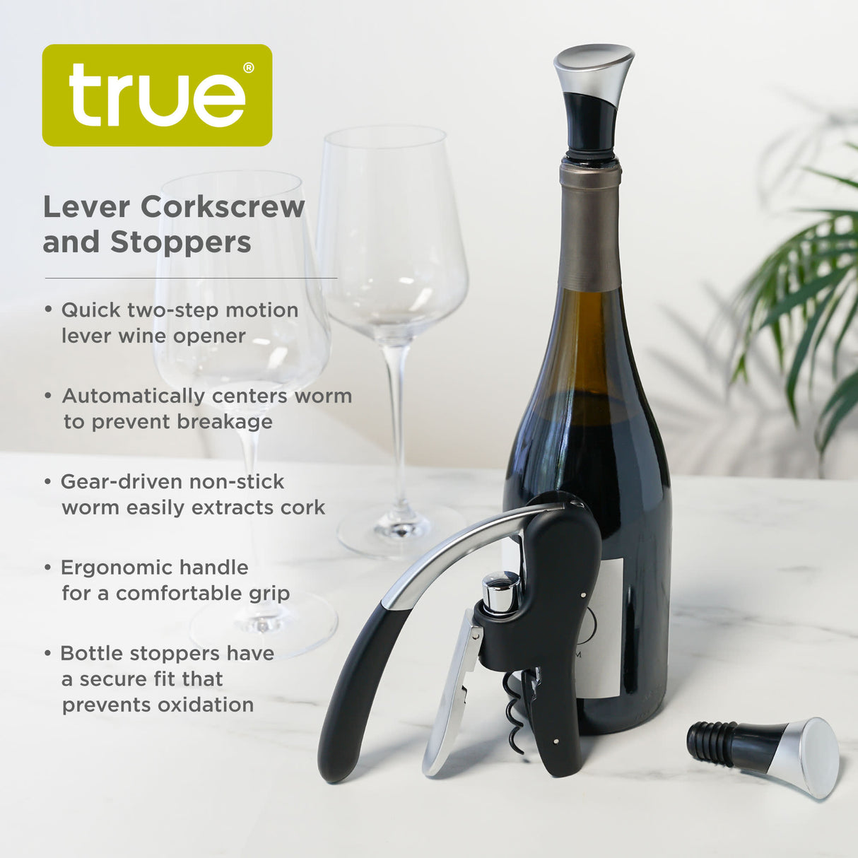 Lever Corkscrew and Stoppers, Set of 3