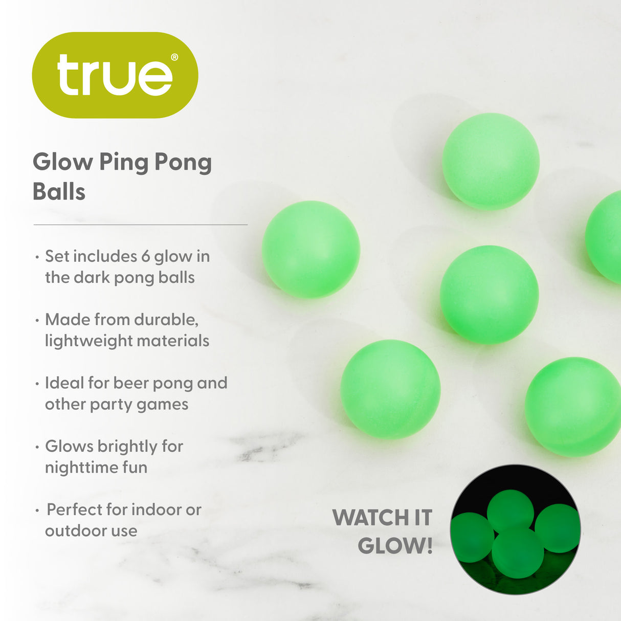 Glow in the Dark Pong Balls, Set of 6