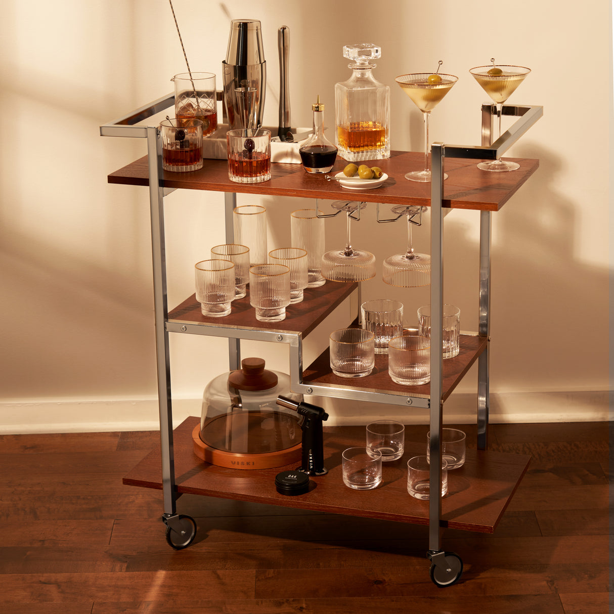 Harrison Bar Cart in Wood and Stainless Steel