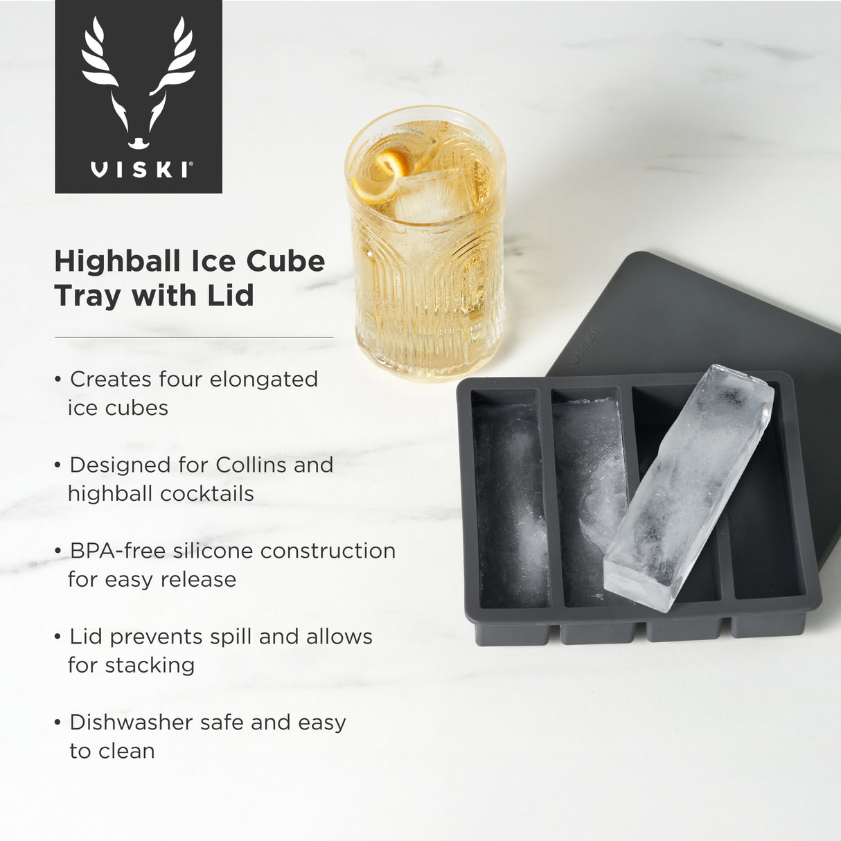 Glacier Highball Ice Cube Tray with Lid in Grey