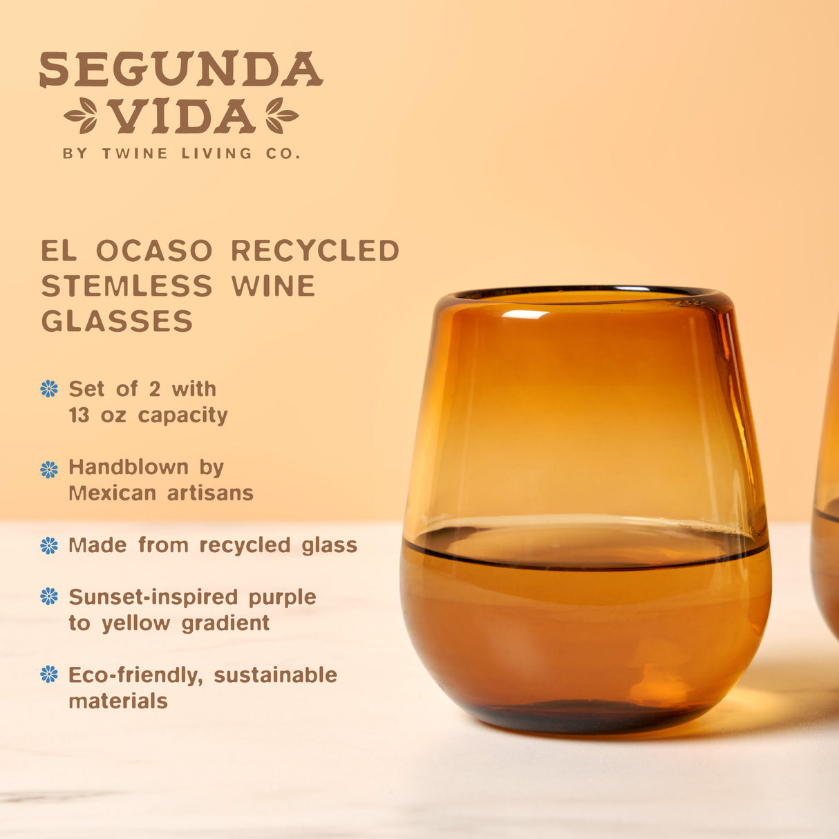 Segunda Vida El Ocaso Recycled Stemless Wine Glasses, Set of 2