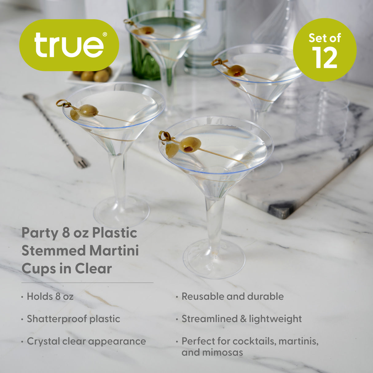 Party 8 oz Plastic Stemmed Martini Cups in Clear, Set of 12