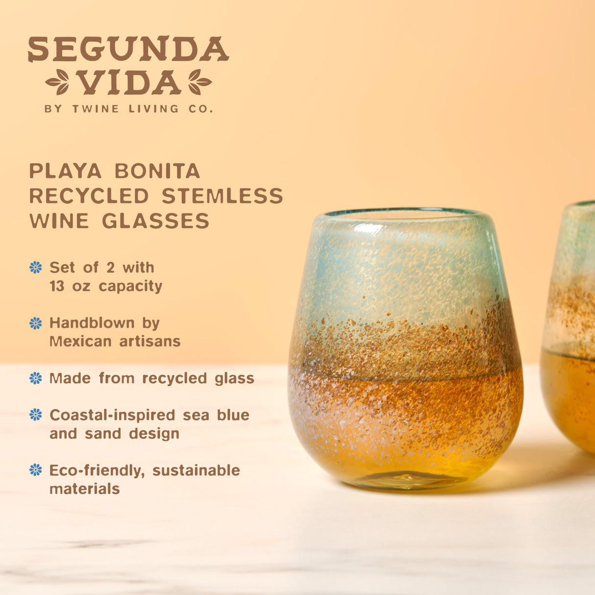 Segunda Vida Playa Bonita Recycled Stemless Wine Glasses, Set of 2