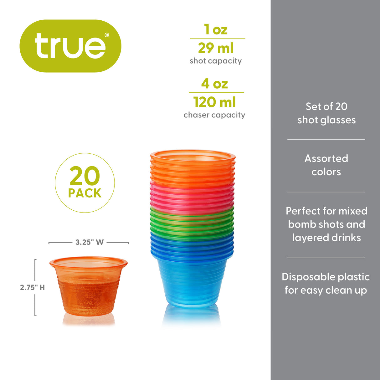 Party 4 oz Plastic Bomber Cups in Assorted Neon, Set of 20