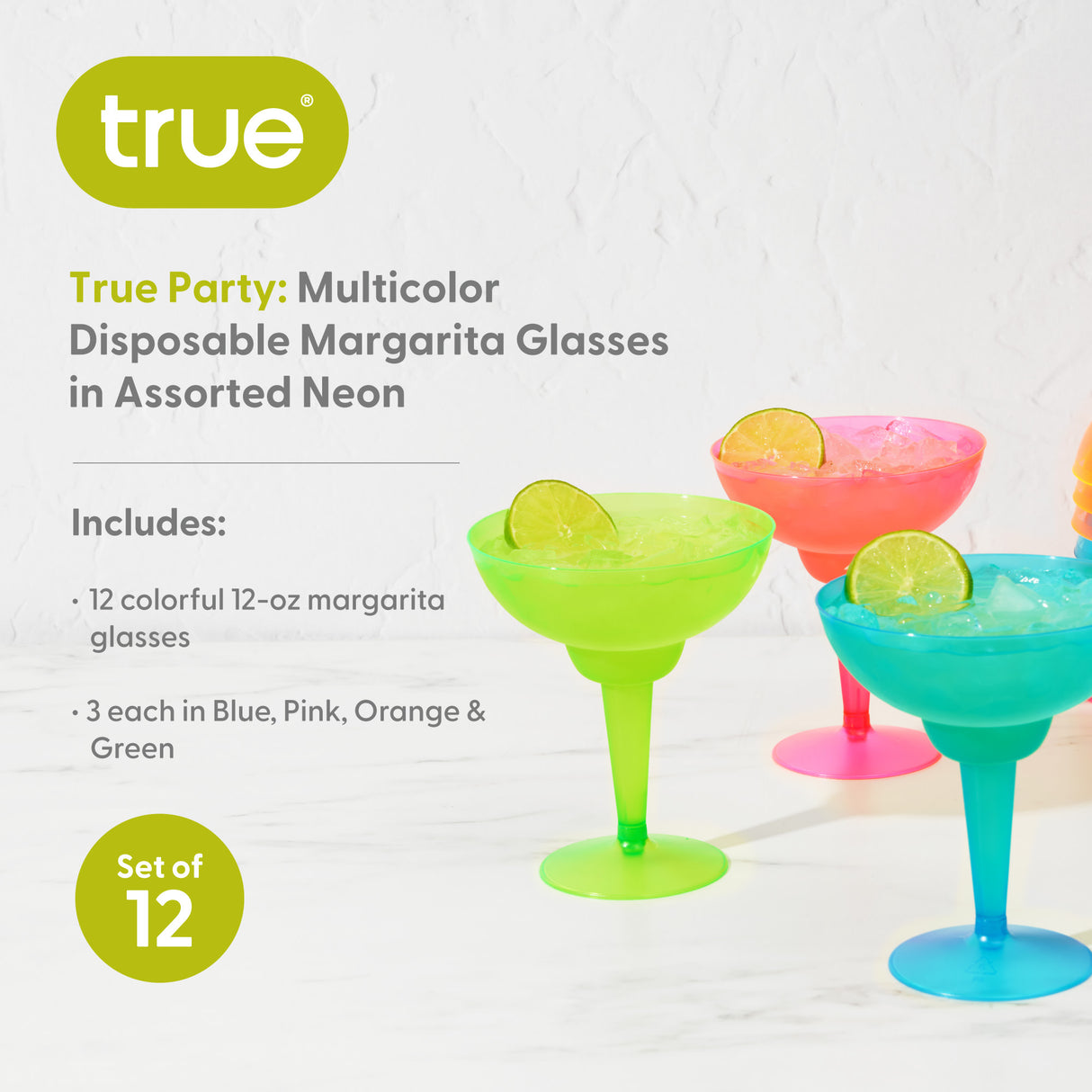 Party 12 oz Plastic Stemmed Margarita Cups in Assorted Neon, Set of 12