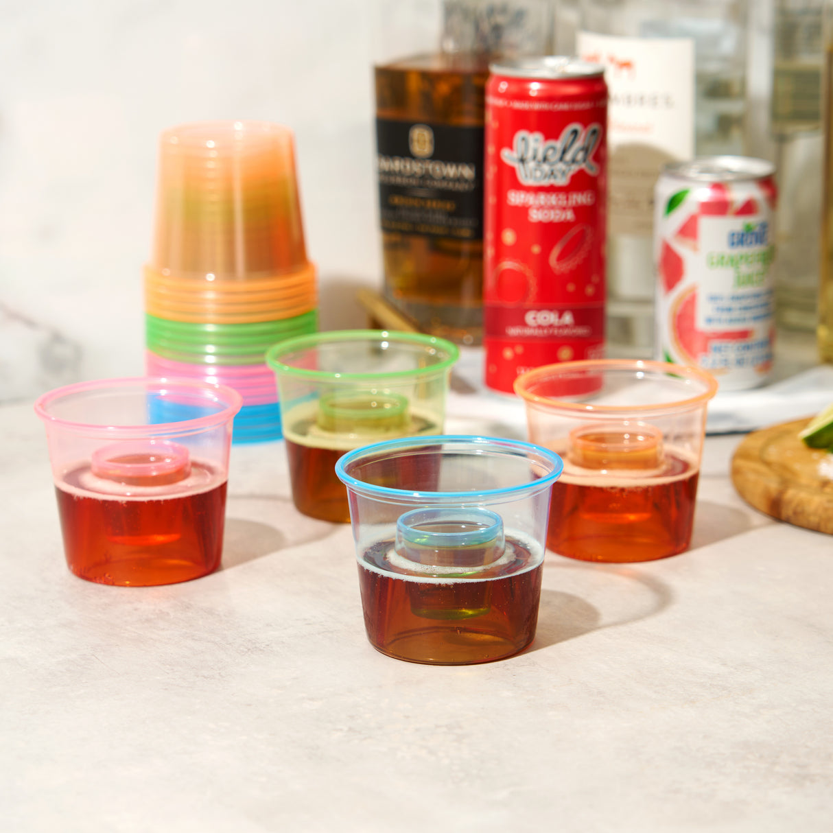 Party 4 oz Plastic Bomber Cups in Assorted Neon, Set of 20