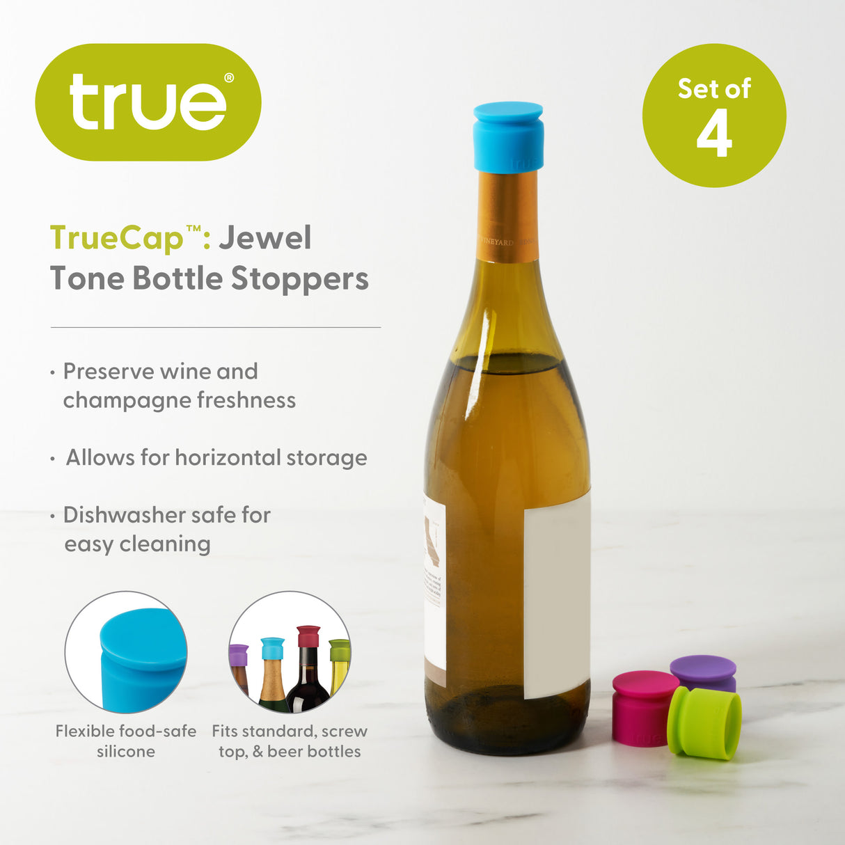 TrueCap Silicone Bottle Stopper in Assorted Jewel Tone, Bulk