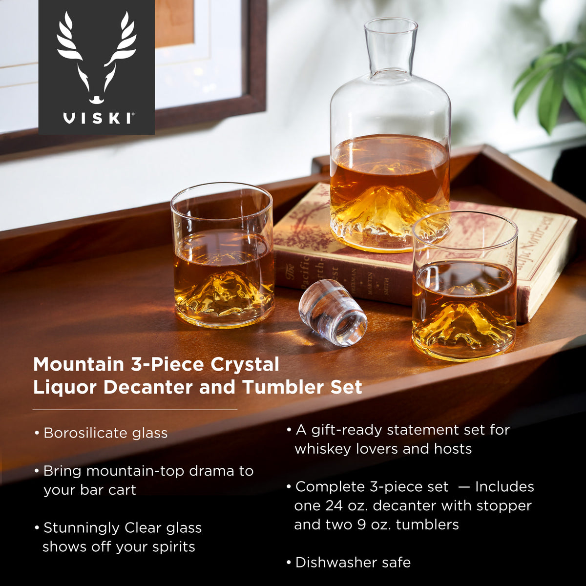 Mountain 3-Piece Crystal Liquor Decanter and Tumbler Set