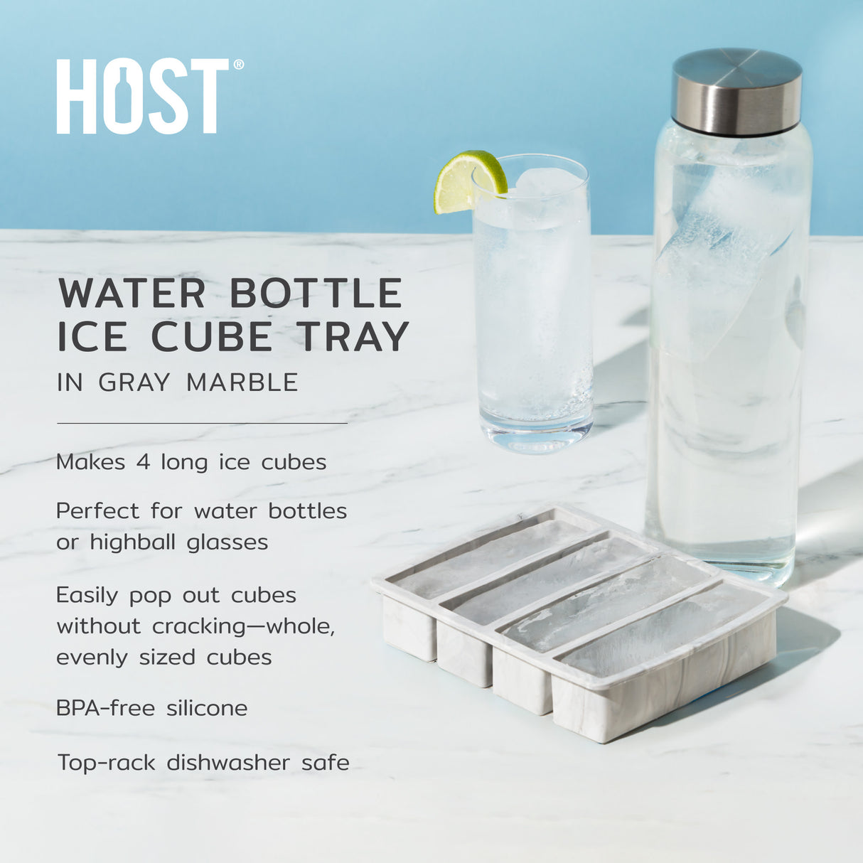 Water Bottle Ice Cube Tray in Gray Marble