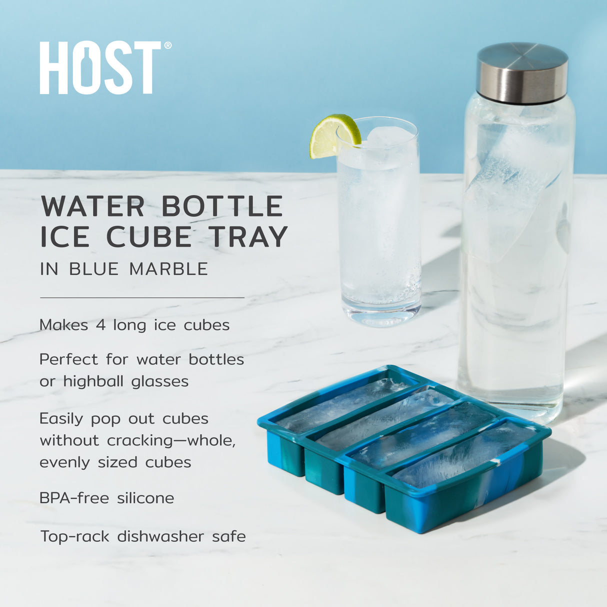 Water Bottle Ice Cube Tray in Blue Marble