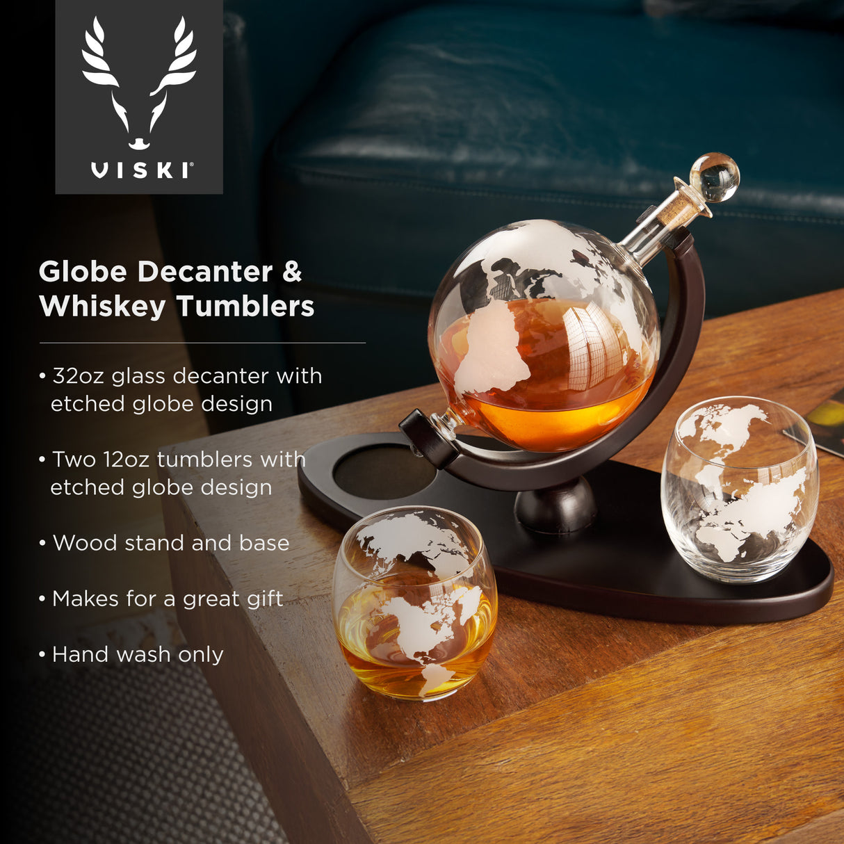 Globe Decanter & Whiskey Tumblers, Set of 3