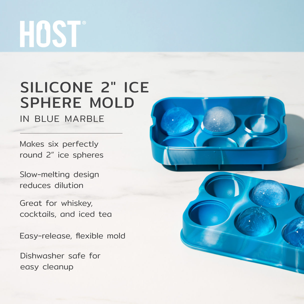 Silicone 2" Ice Sphere Mold in Blue Marble