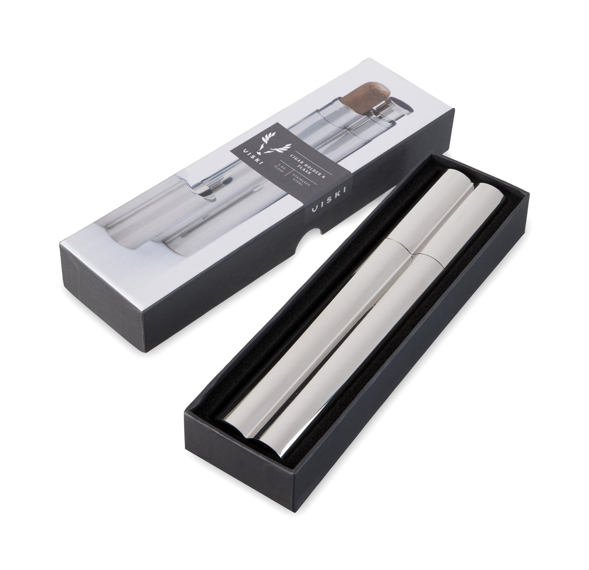 Cigar Holder and Flask in Stainless Steel