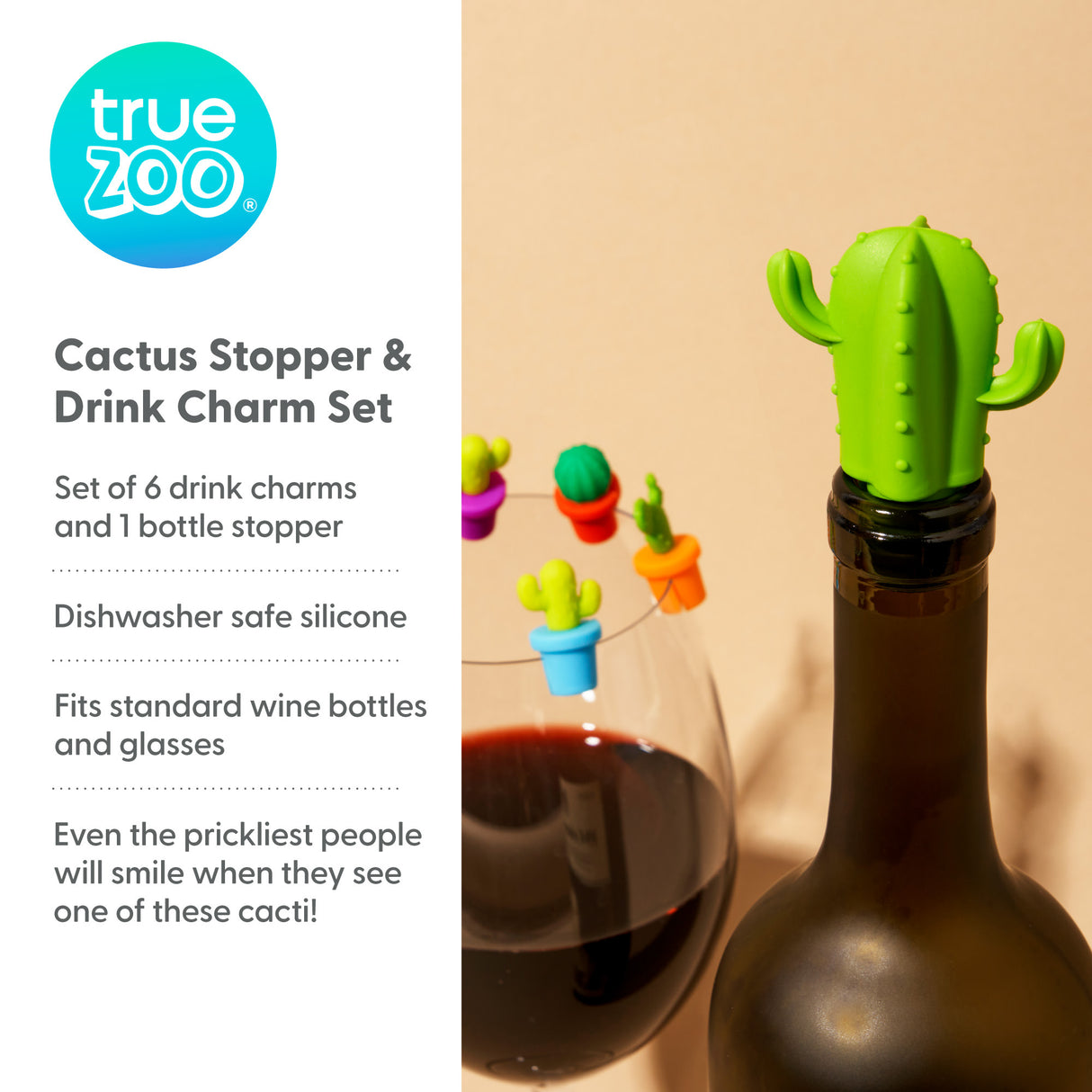 TrueZoo Cactus Silicone Bottle Stopper & Drink Marker Set