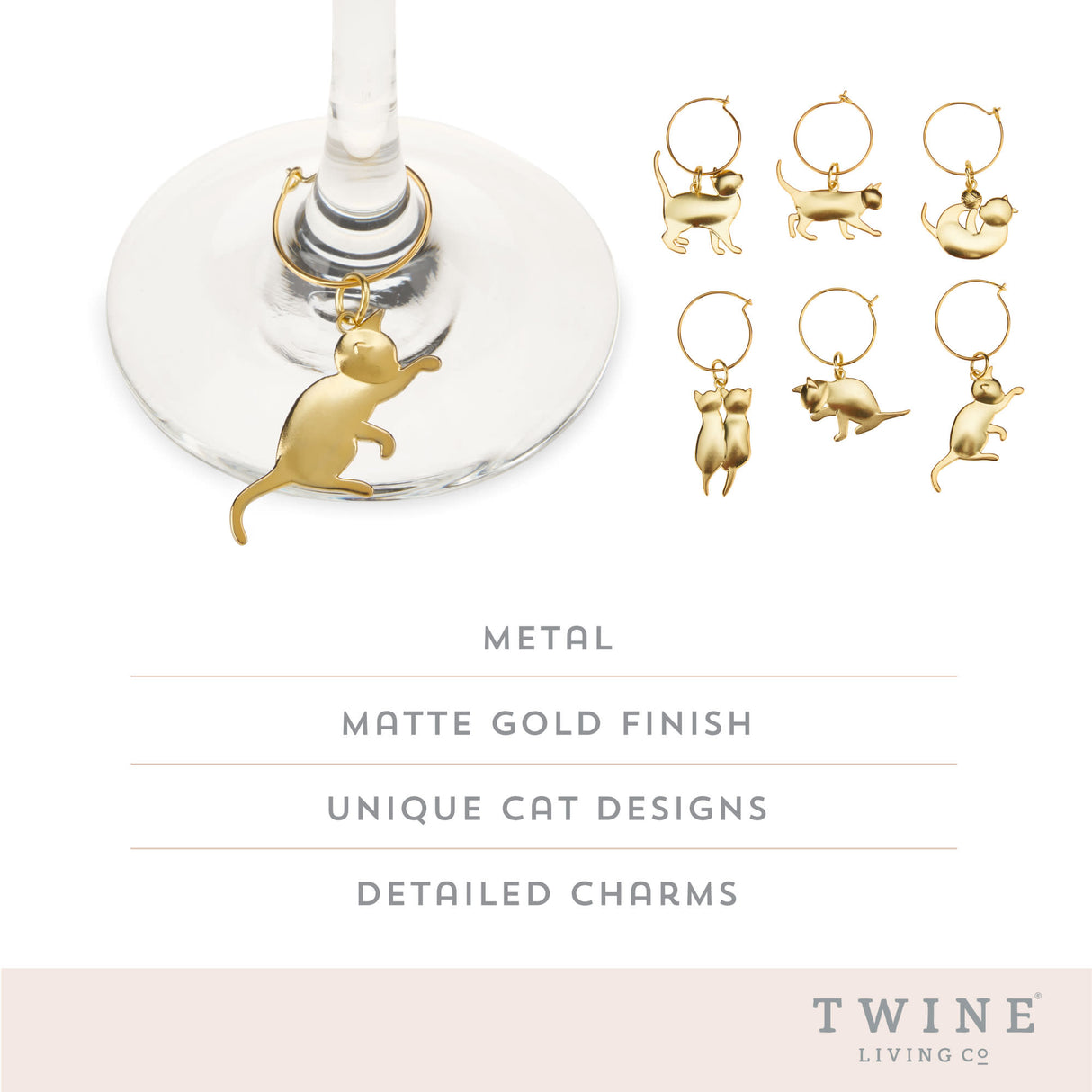 Cat Wine Charms in Gold, Set of 6