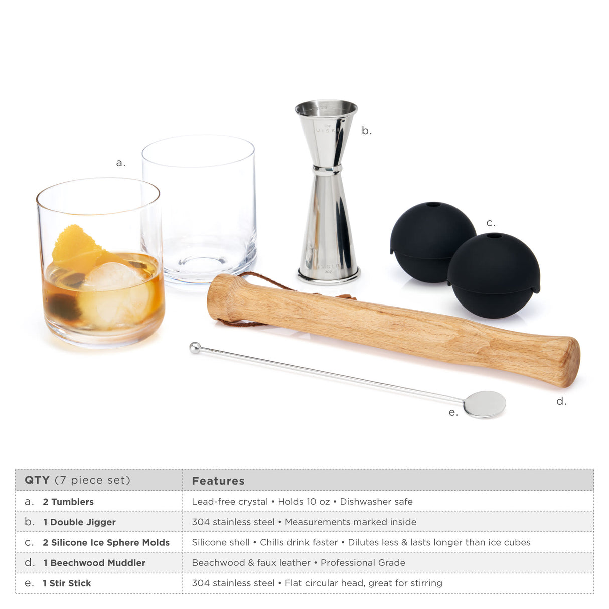 Viski Professional 7-Piece Muddled Barware Set in Stainless Steel