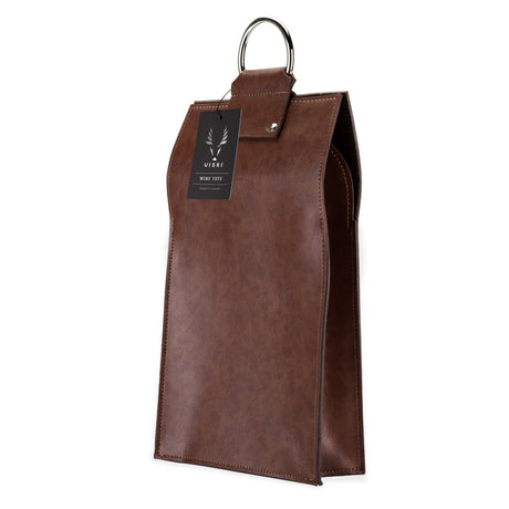 Brown Double-Bottle Wine Tote in Faux Leather