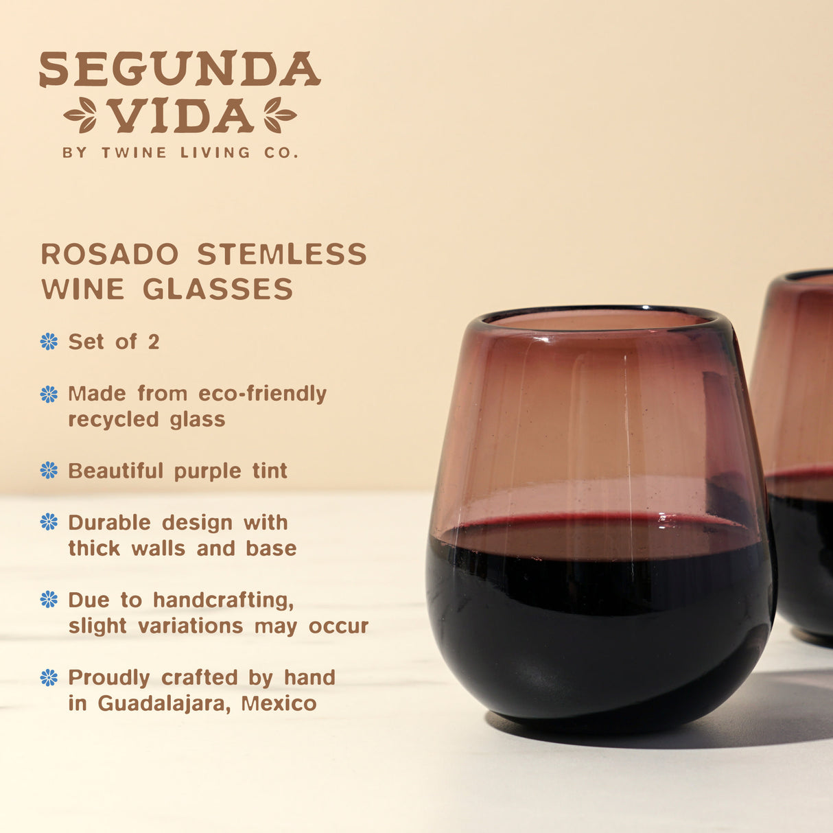 Segunda Vida Rosado Recycled Stemless Wine Glasses, Set of 2