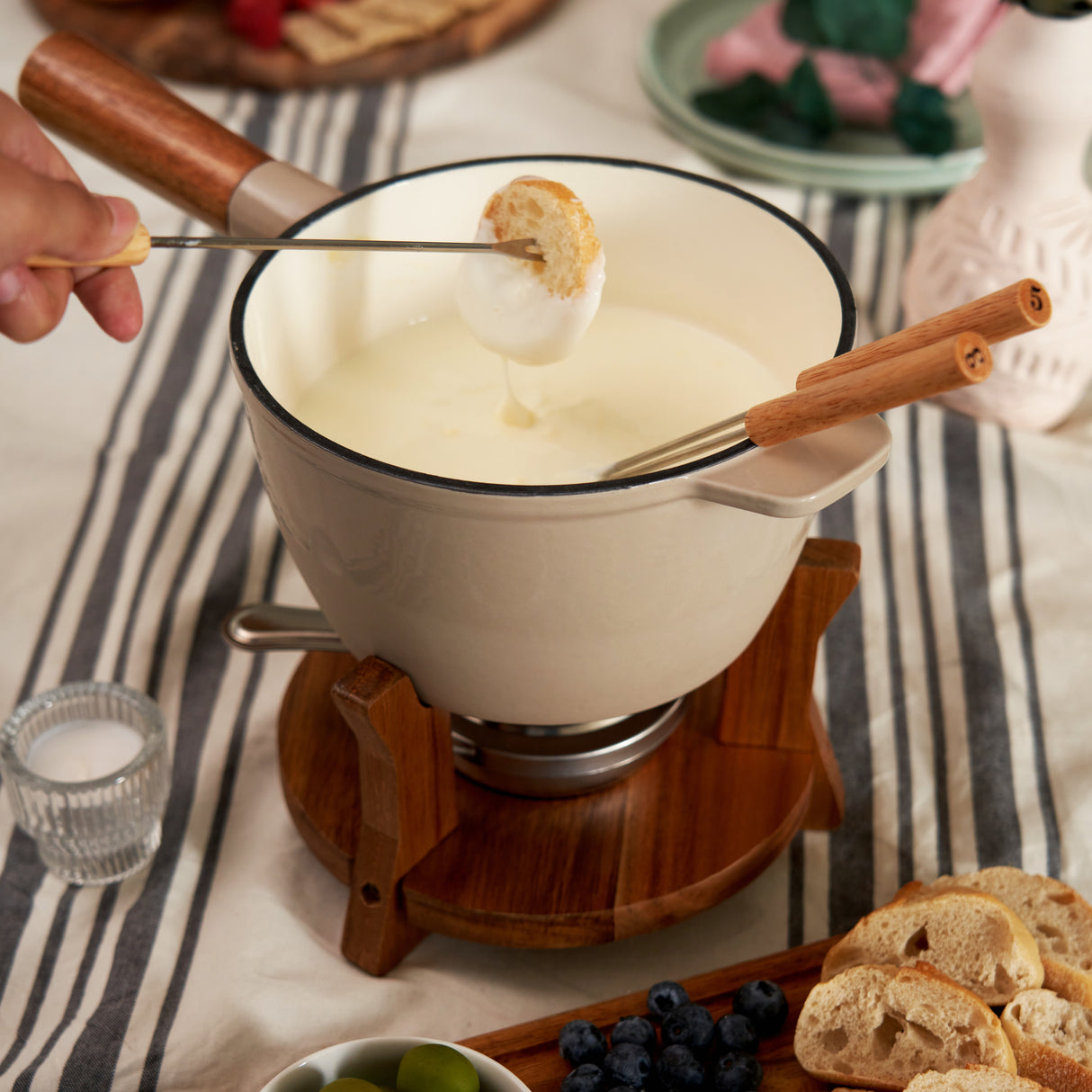 Wood and Cast Iron Fondue Set in Beige