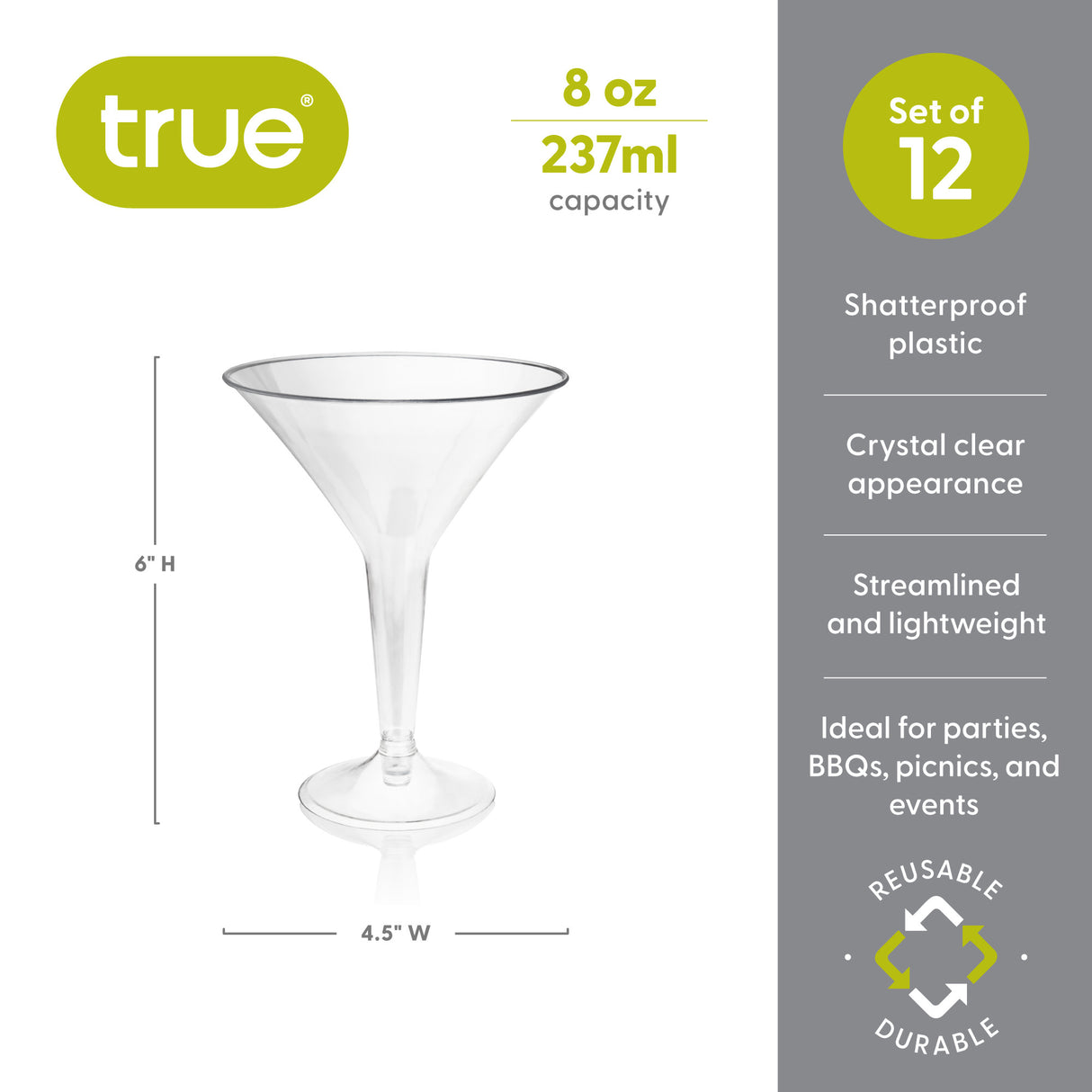 Party 8 oz Plastic Stemmed Martini Cups in Clear, Set of 12