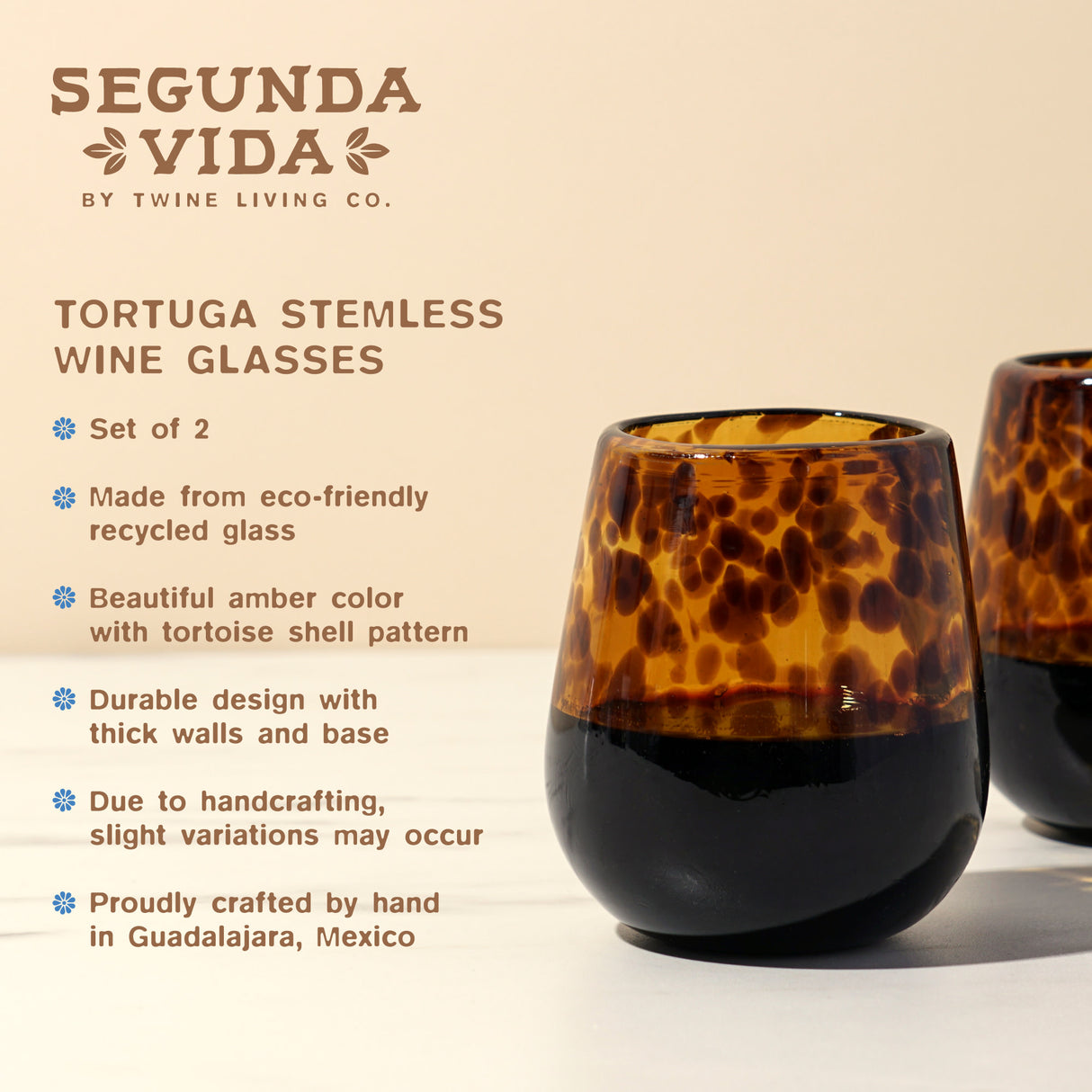 Segunda Vida Tortuga Recycled Stemless Wine Glasses, Set of 2