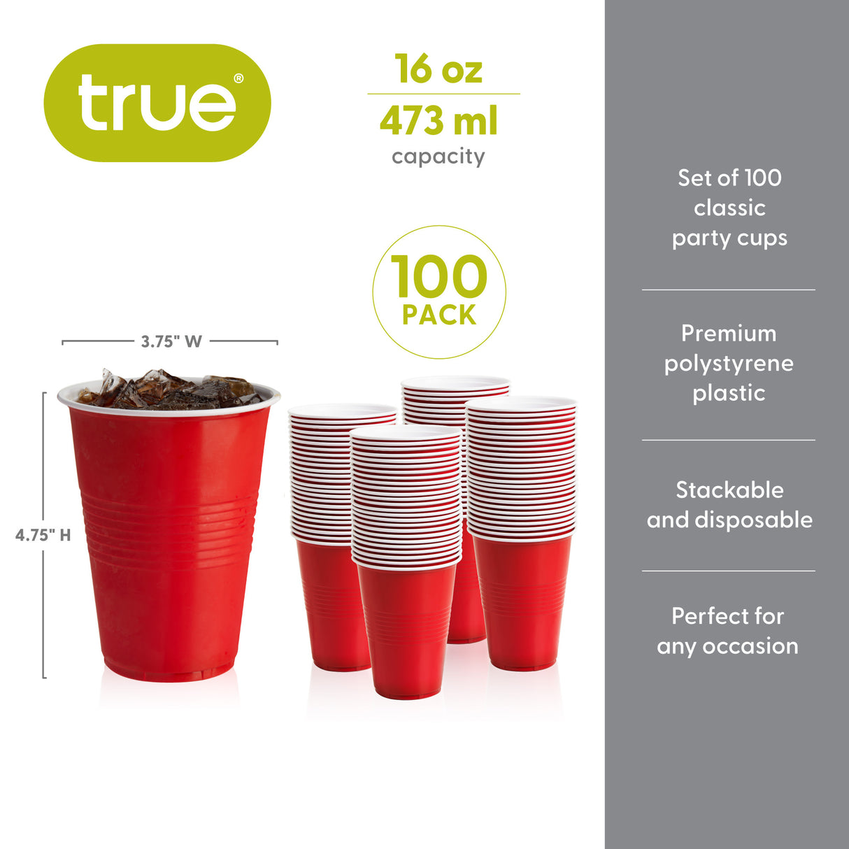 Party 16 oz Plastic Cups in Red, Set of 100