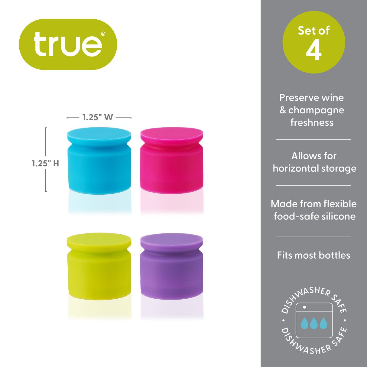 TrueCap Silicone Bottle Stopper in Assorted Jewel Tones, Set of 4