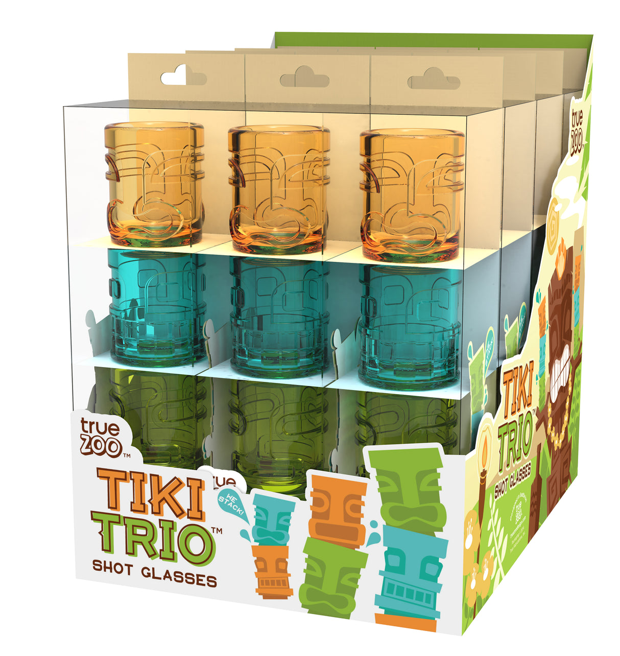 TrueZoo Tiki Trio Shot Glasses in Assorted Colors, Set of 3, CDU 12ct