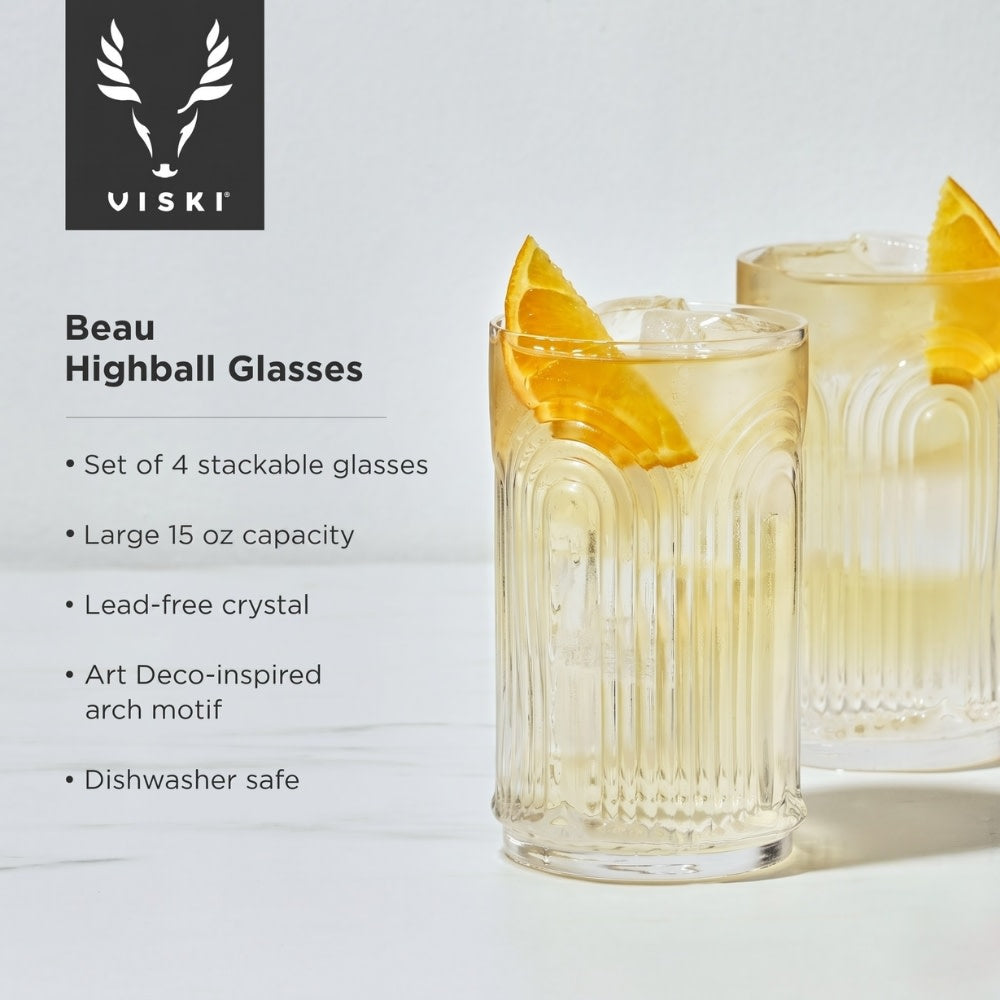 Deco Beau Crystal Highball Glasses, Set of 4