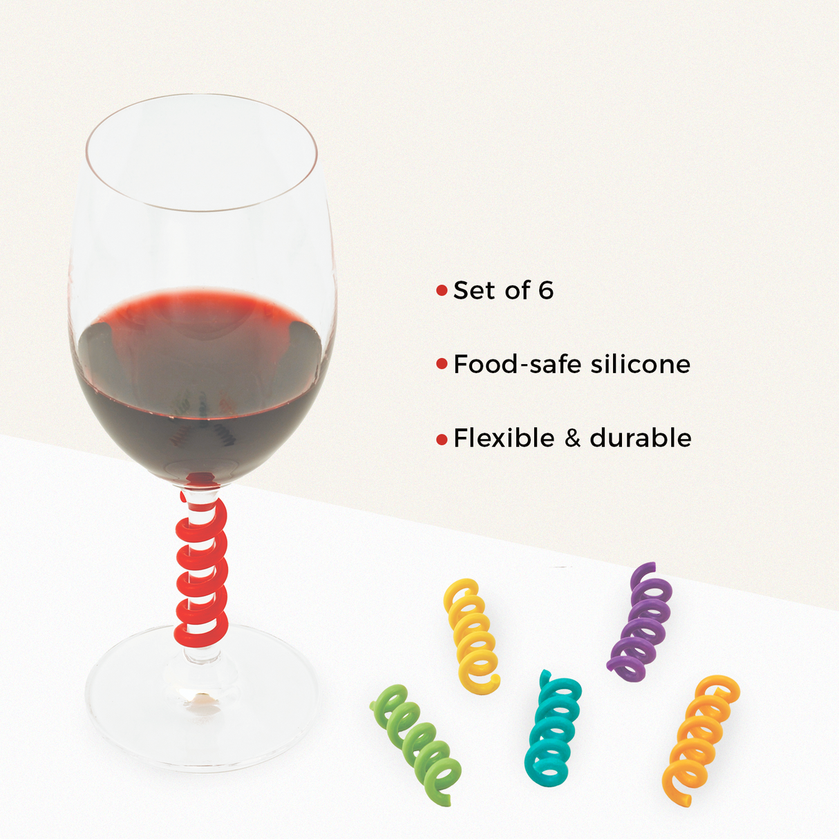 Savoy Spring Silicone Wine Charms in Assorted Colors, Set of 6