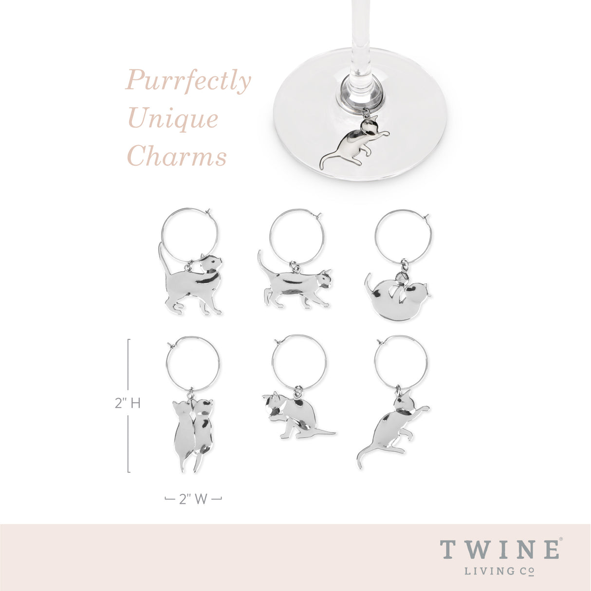 Cat Wine Charms in Silver, Set of 6