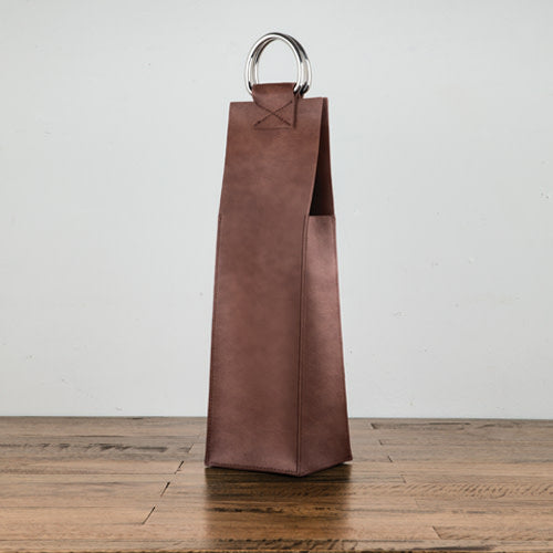 Brown Single-Bottle Wine Tote in Faux Leather