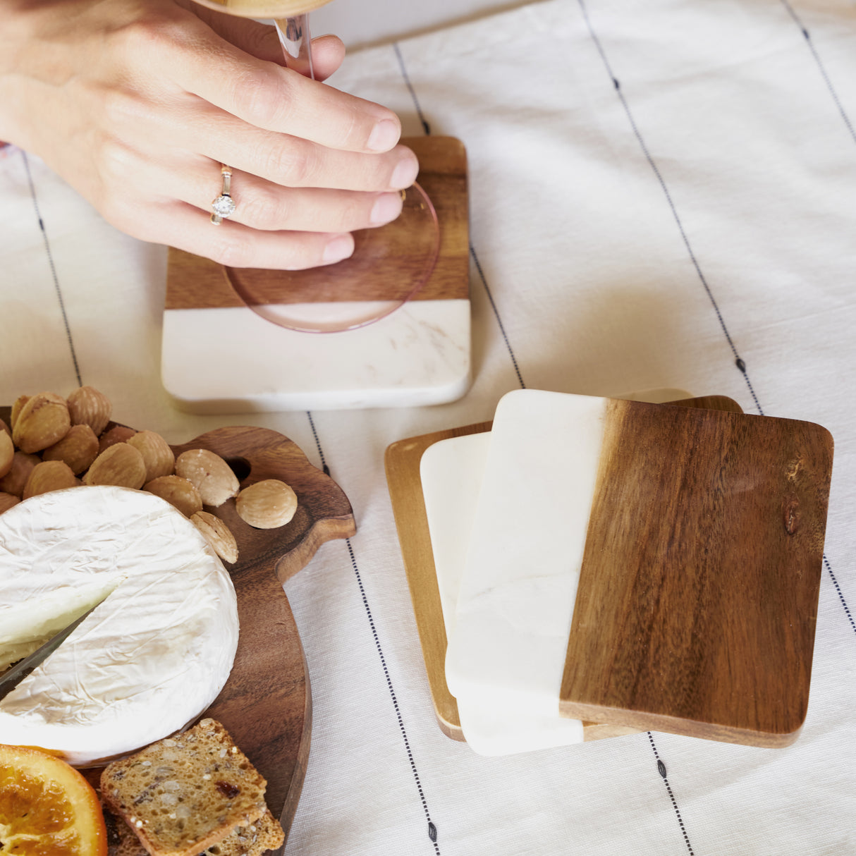 Marble & Acacia Coasters, Set of 4