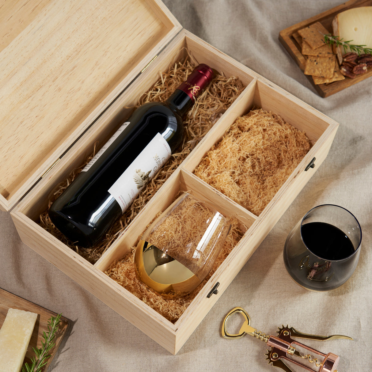 Single Bottle Wooden Wine Box with Two Stemless Wine Glass Set