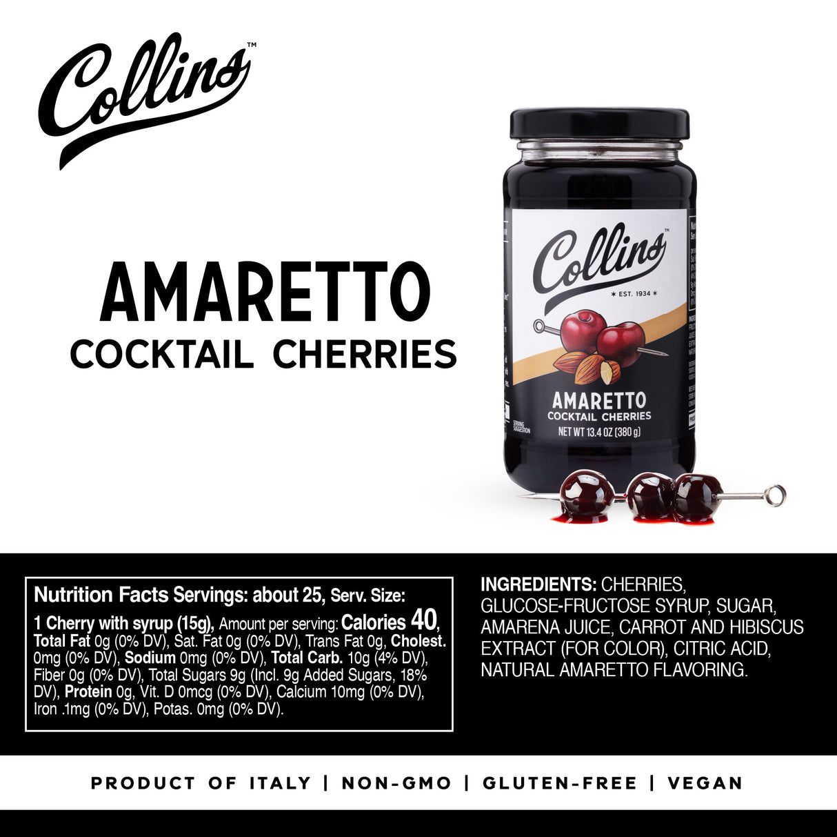 Stemless Amaretto Cherries, 13.4 oz