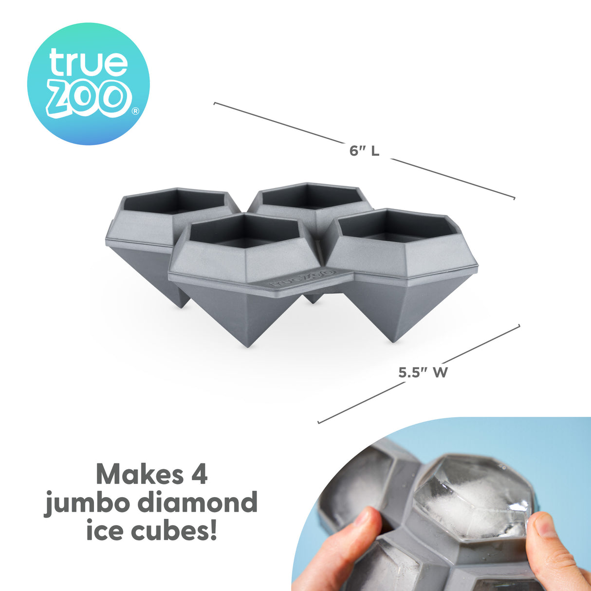 TrueZoo Iced Out Jumbo Diamond Silicone Ice Cube Tray, CDU 6ct