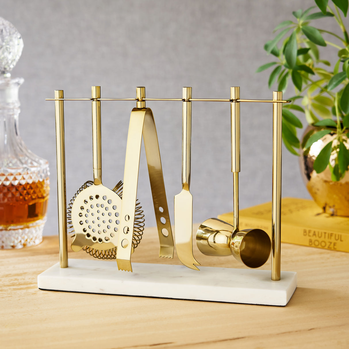 4-Piece Bar Tool Set in Gold with Marble and Stainless Steel Stand