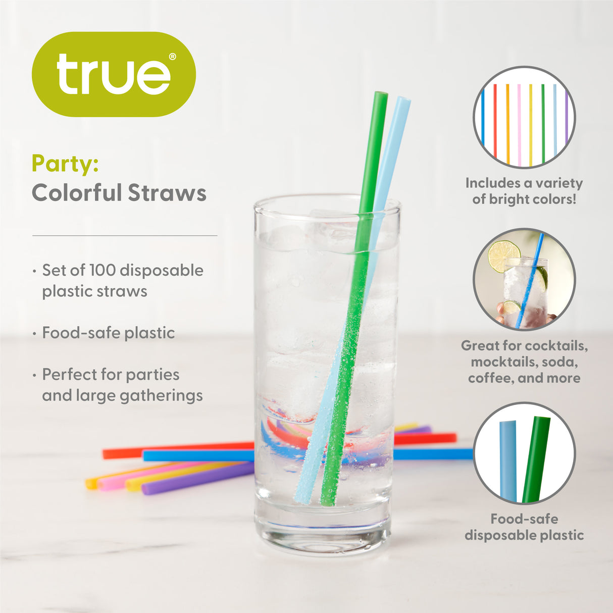 Party Plastic Straws in Assorted Colors, Set of 100