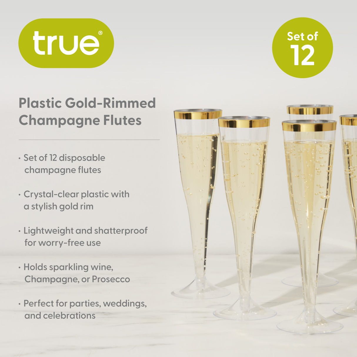 Party Plastic Gold-Rimmed Champagne Flutes, Set of 12