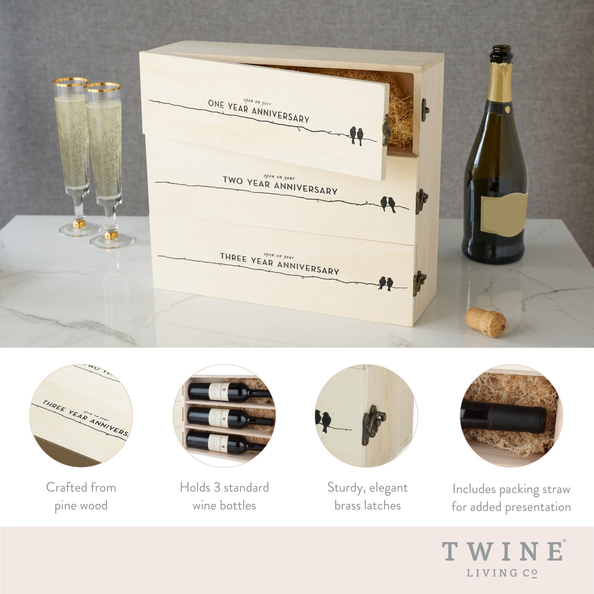 Newlywed's Anniversary 3-Bottle Wooden Wine Box - Thumbnail 2