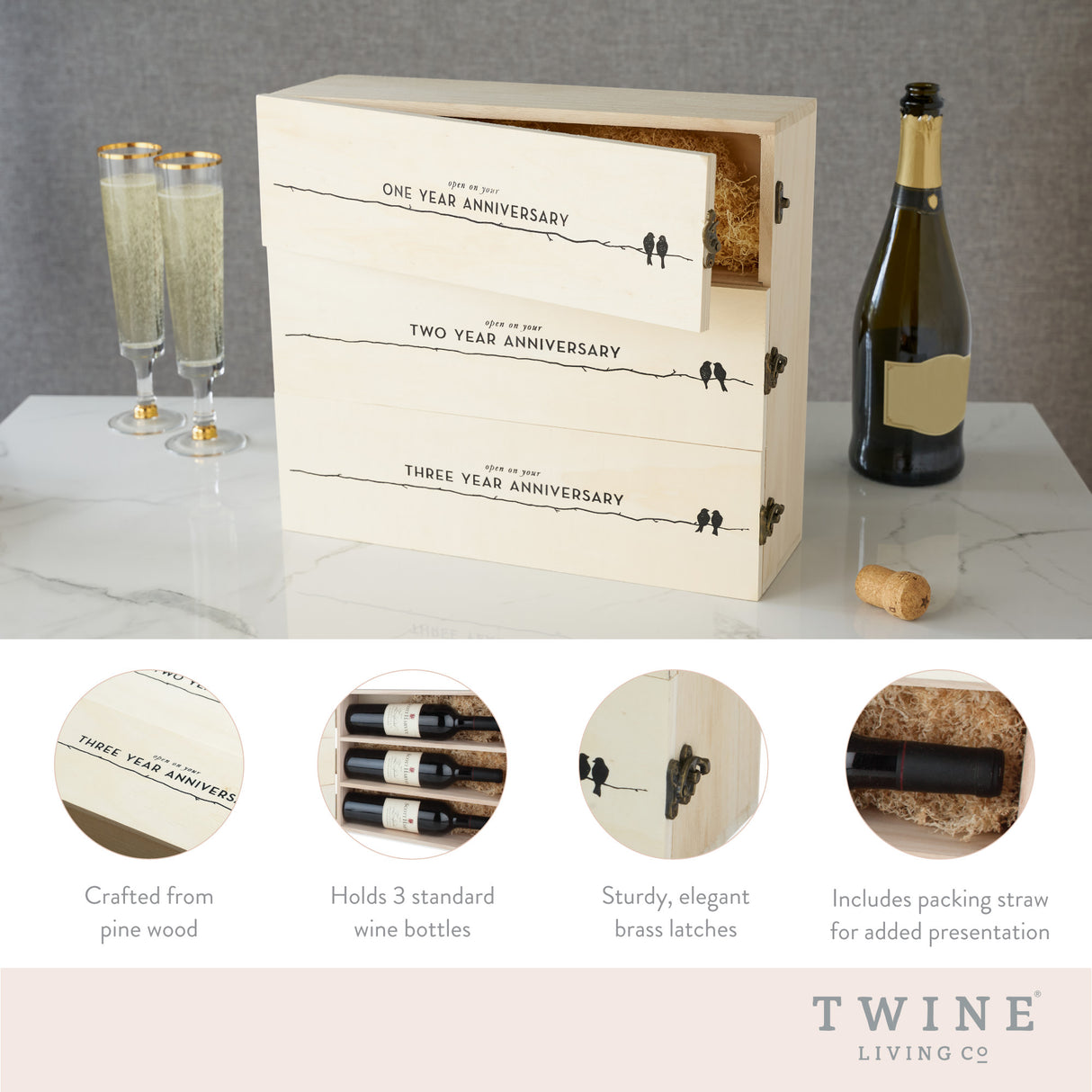 Newlywed's Anniversary 3-Bottle Wooden Wine Box