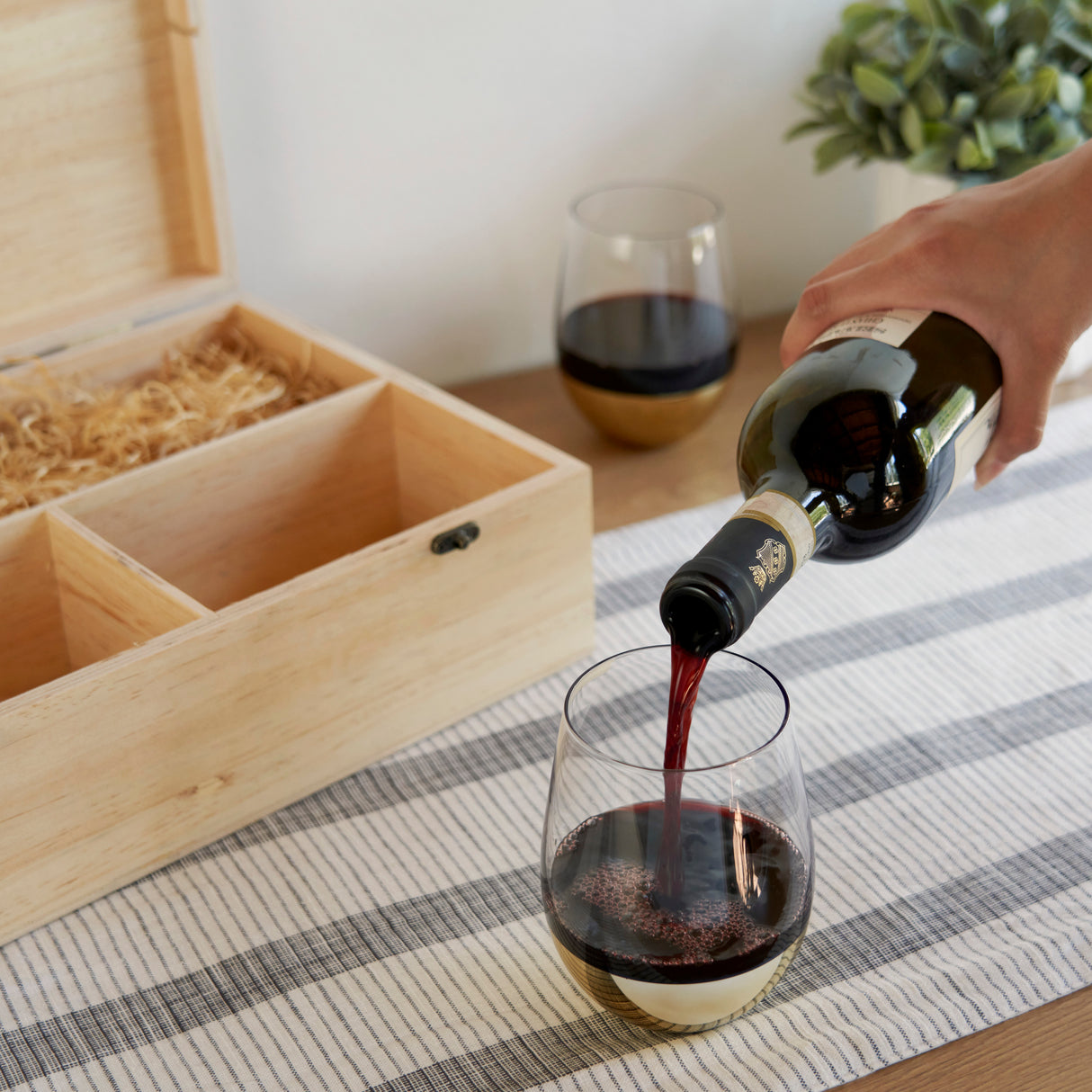 Single Bottle Wooden Wine Box with Two Stemless Wine Glass Set