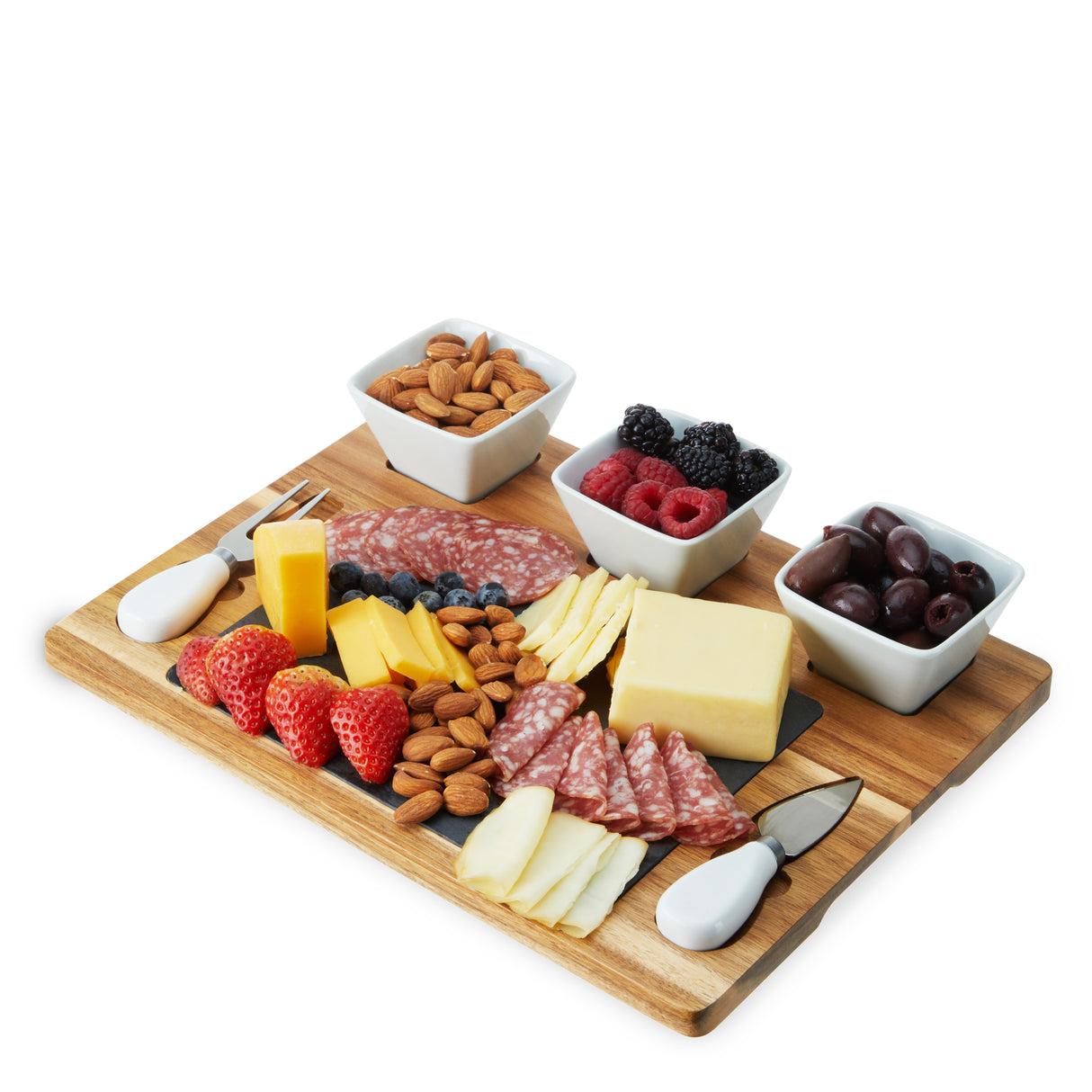 Acacia Wood & Slate Cheese Board Set with Ceramic Bowls