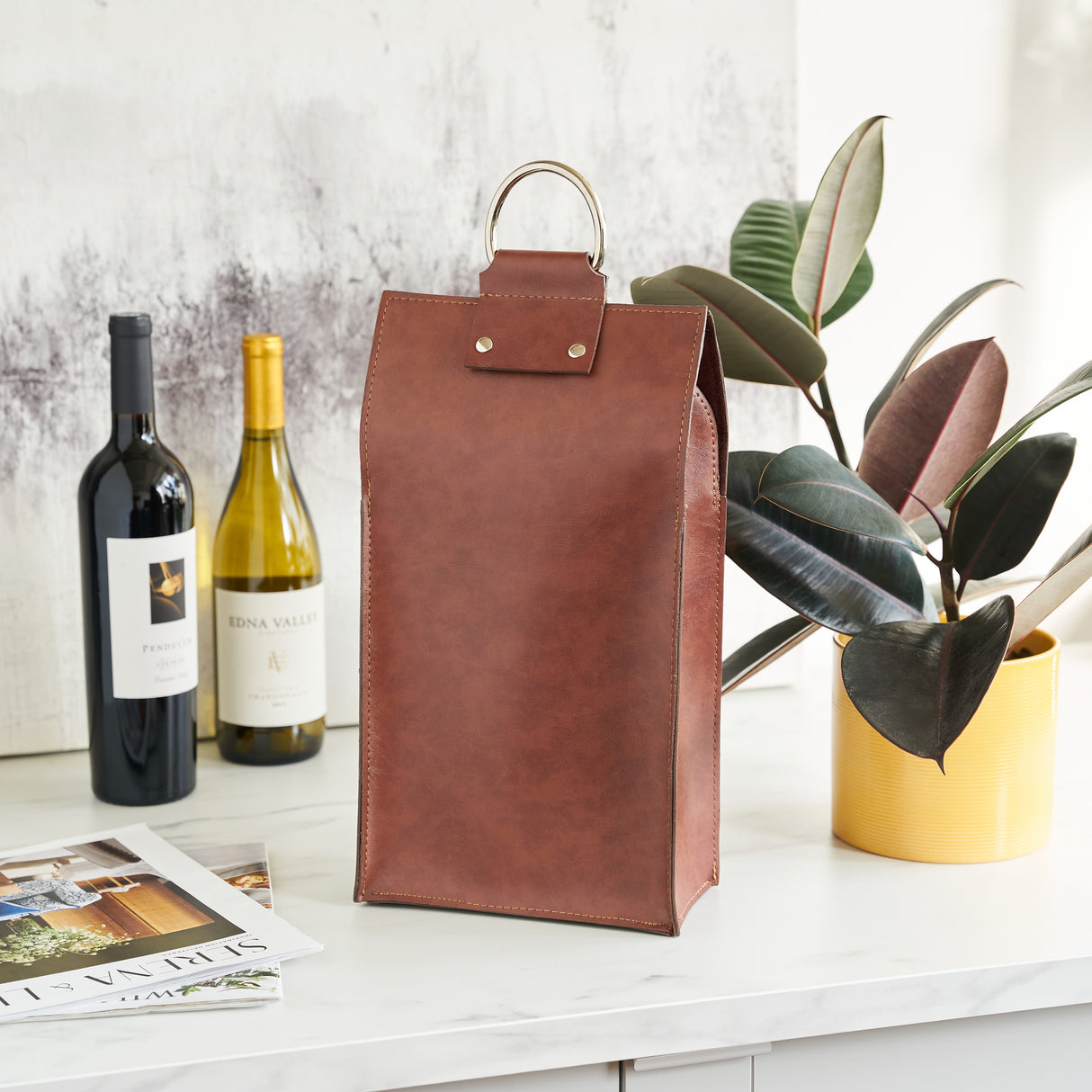 Brown Double-Bottle Wine Tote in Faux Leather