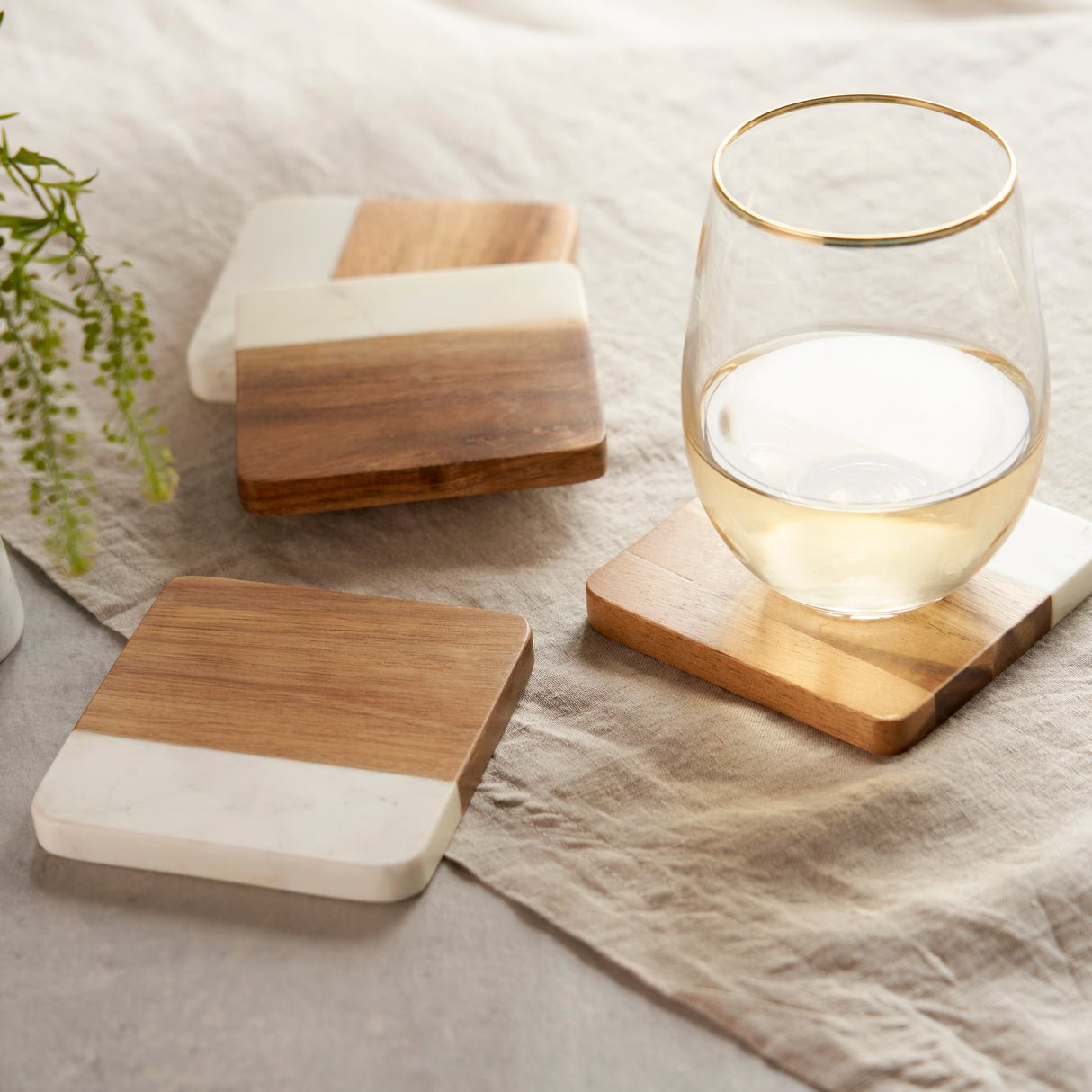 Marble & Acacia Coasters, Set of 4