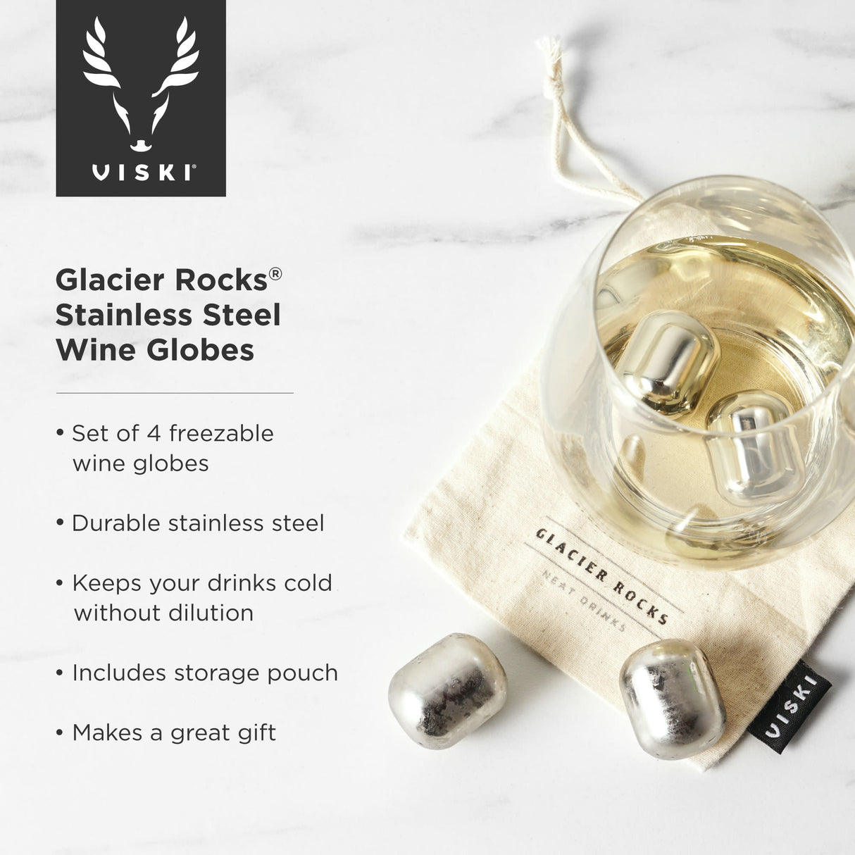 Glacier Rocks Wine Globes in Stainless Steel, Set of 4