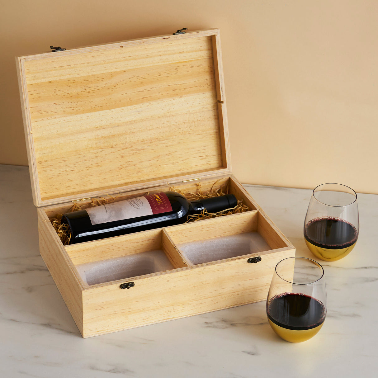 Single Bottle Wooden Wine Box with Two Stemless Wine Glass Set