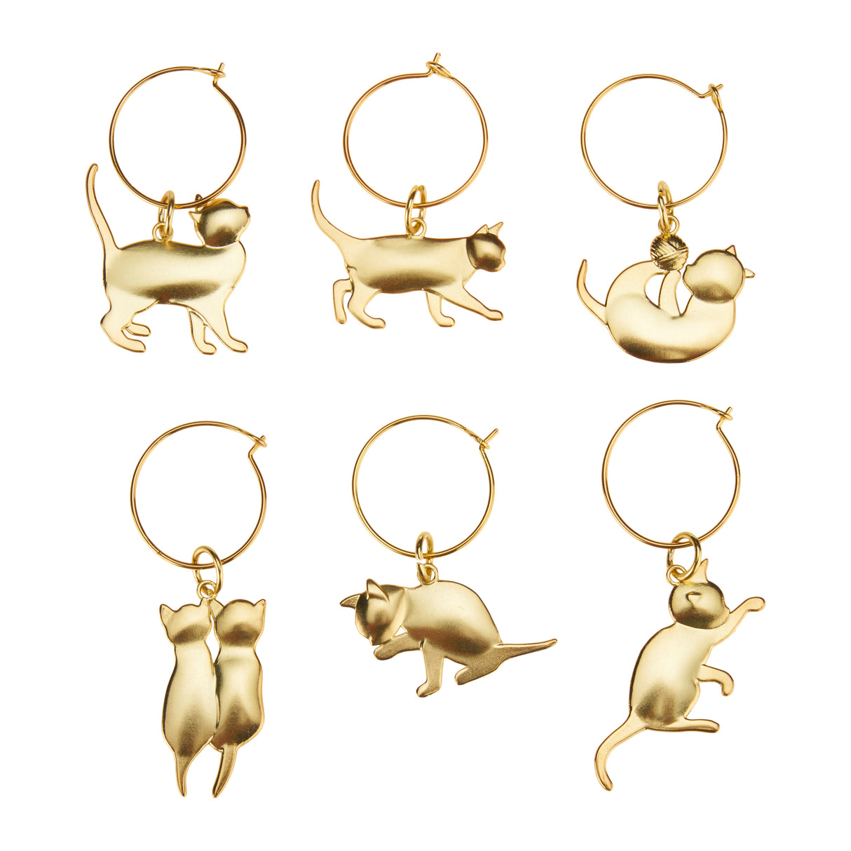 Cat Wine Charms in Gold, Set of 6