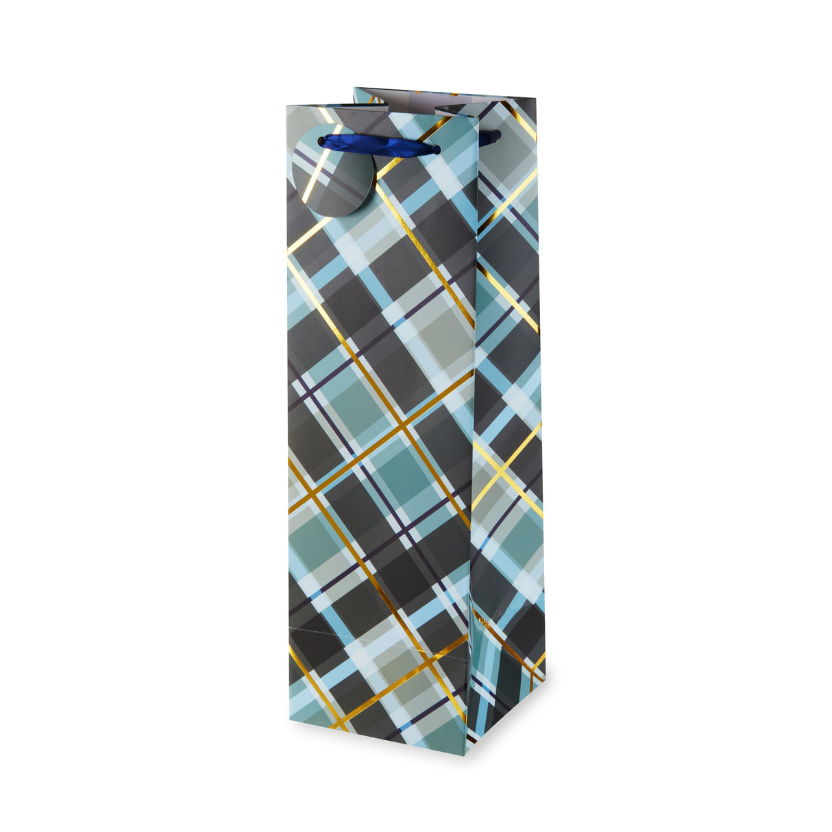 Navy Plaid Single Bottle Wine Bag