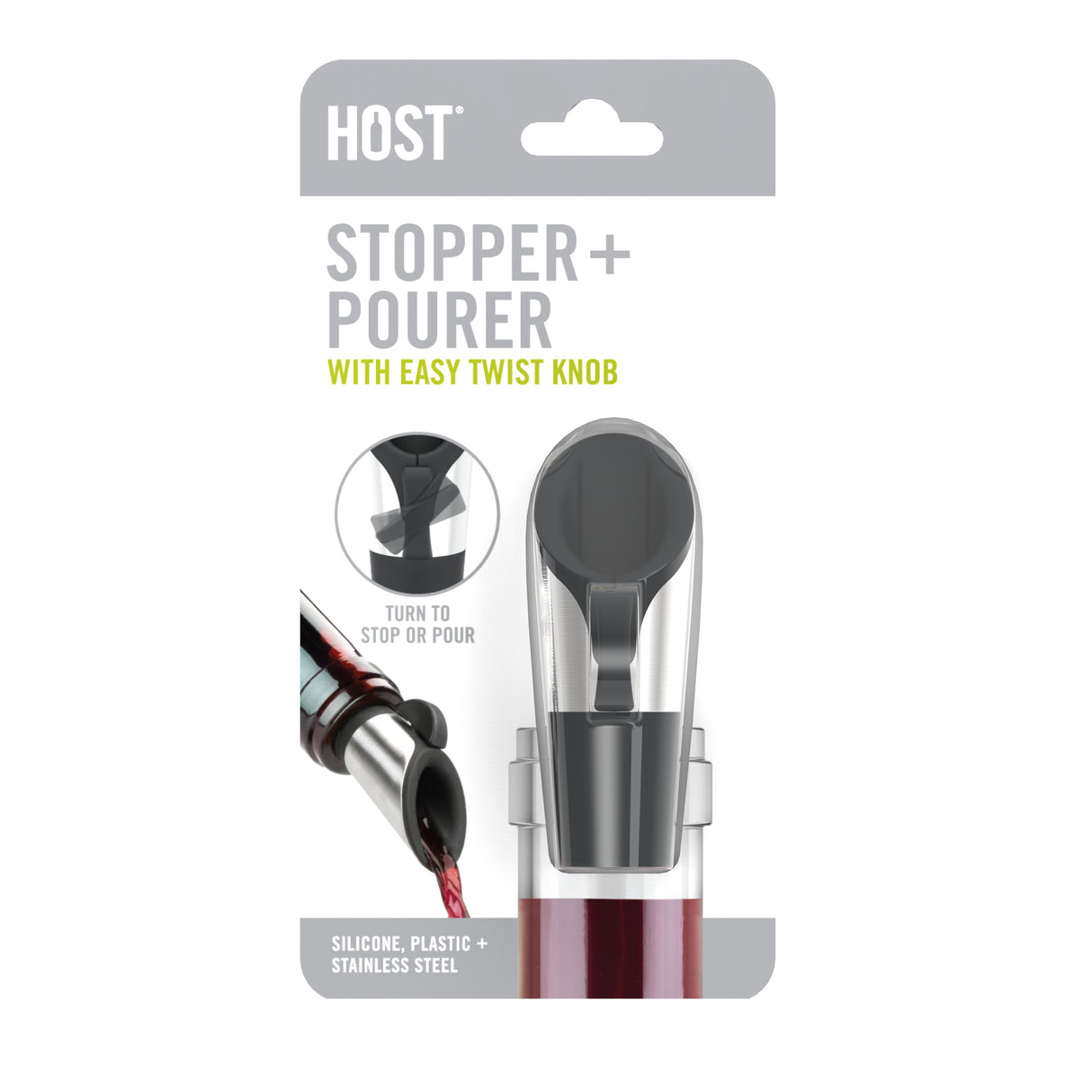 Stopper + Pourer with Easy Twist Knob in Stainless Steel